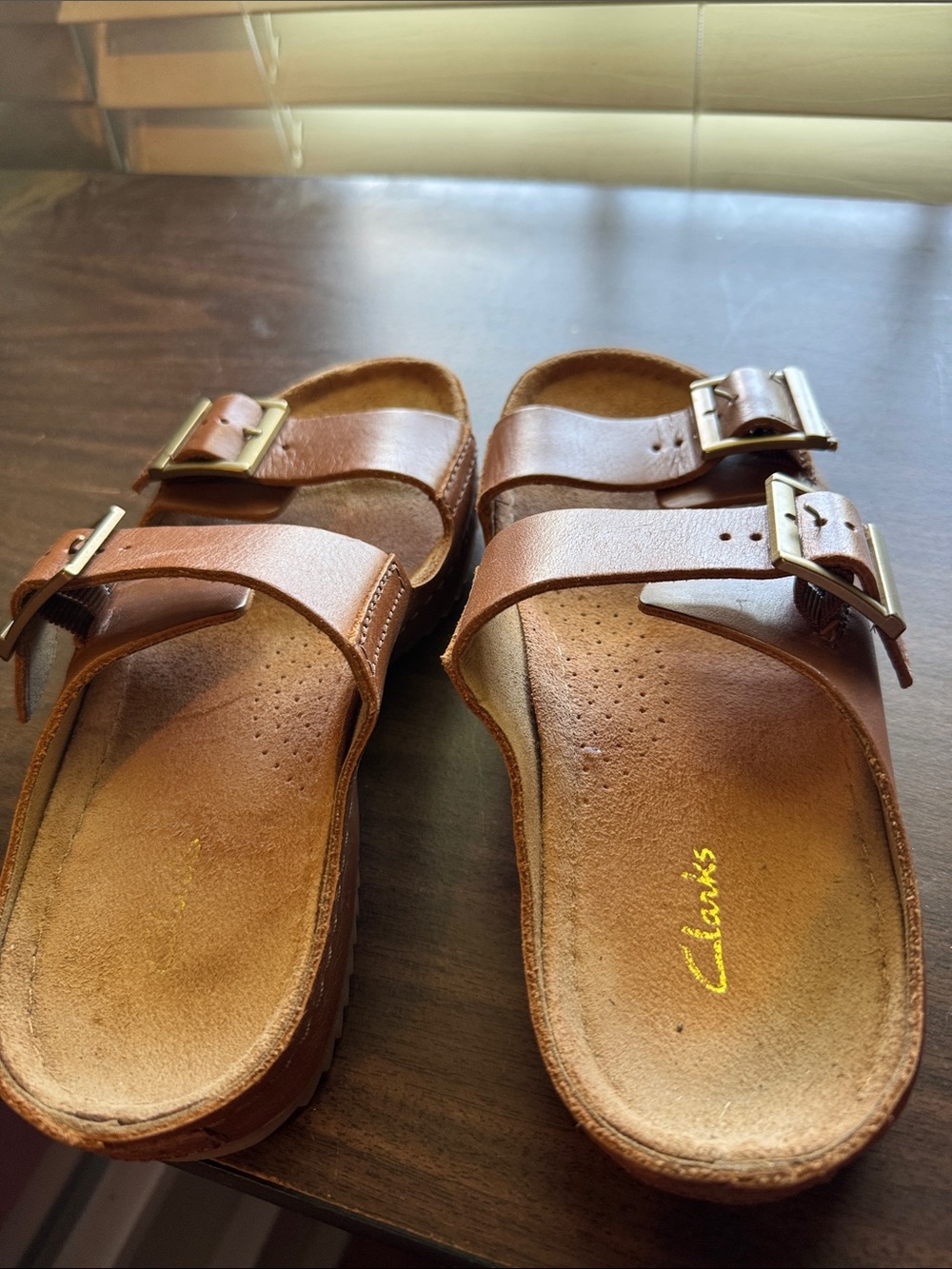 Clarks Tan/Brown Leather Double Buckle Slide Sandals